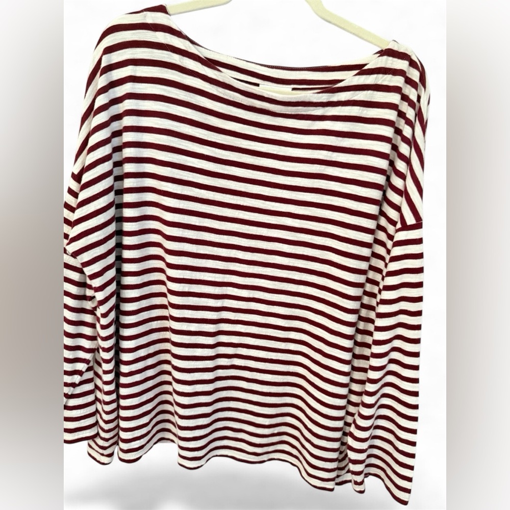 J.Jill Shirt Top Striped Boatneck Long Sleeve Tee Burgundy White XL 100% Cotton